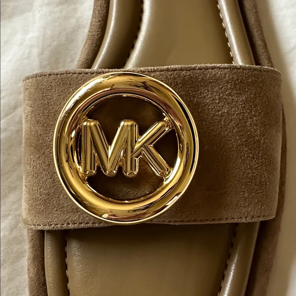 Michael Kors Suede Slides with Gold Emblem